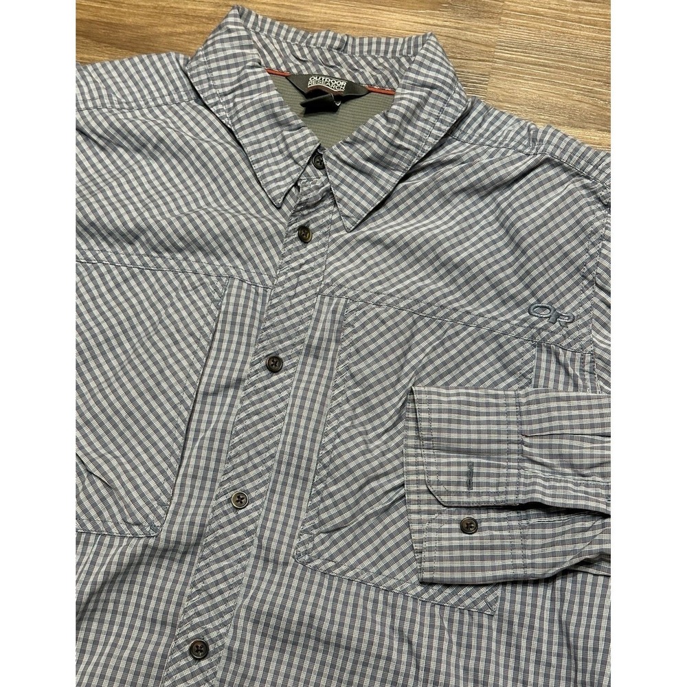 Outdoor Research Grey Blue Plaid Button Up Lightweight Vented Fishing Shirt Sz M